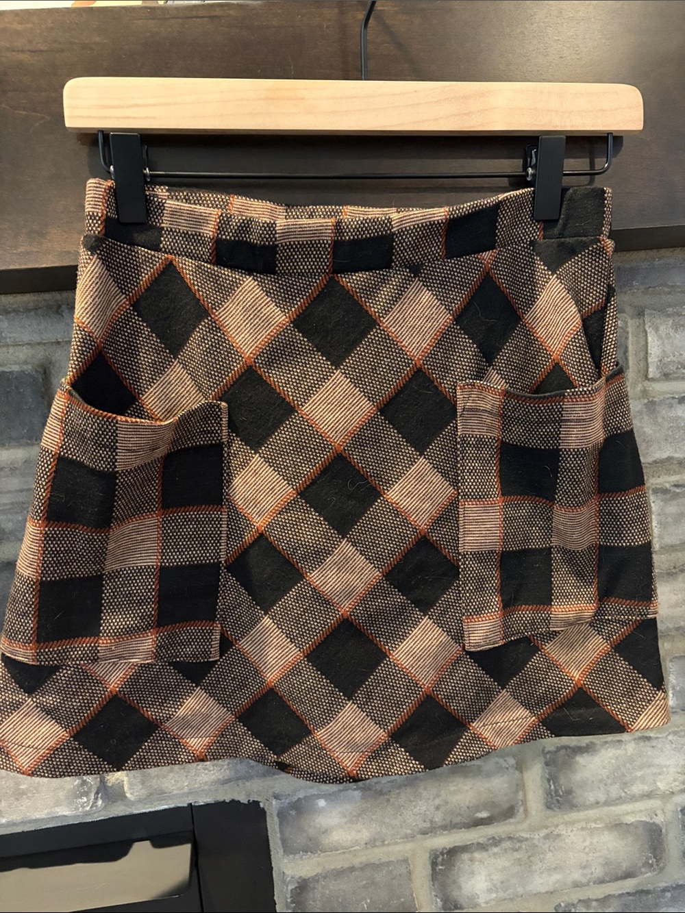 Black and Tan Plaid Mini Skirt with Front Patch Pockets